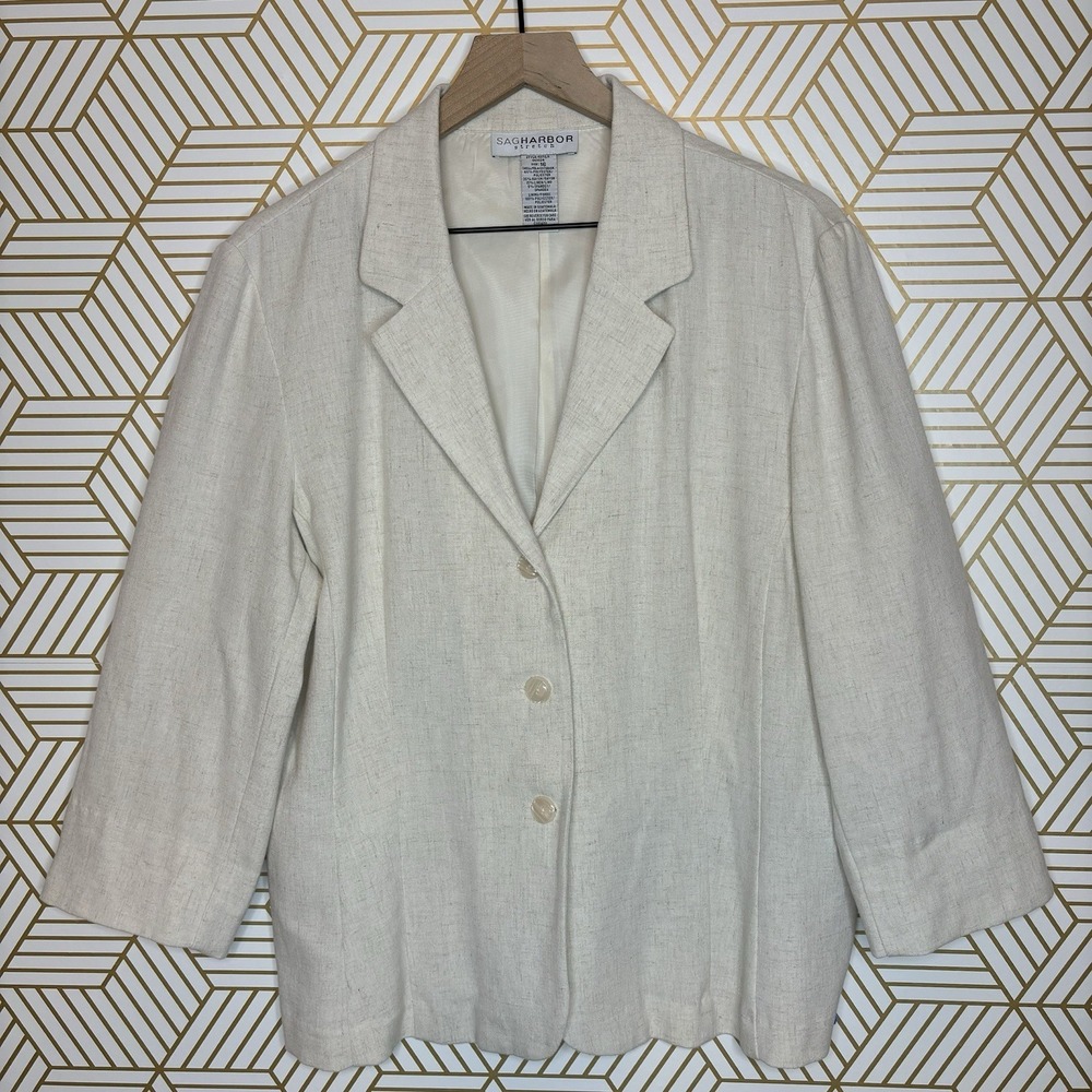 Vintage Sag Harbor Blazer 16 Linen Blend Jacket Capsule Tan Beige Stretch Casual
